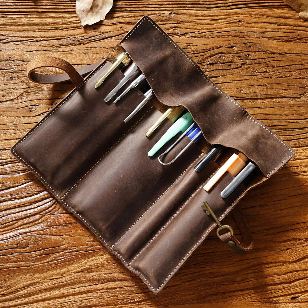 Handmade Cowhide Leather Pen Pouch Roll-up Pencil Case Bag Stationery  Storage