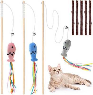 Natural Wood Cat Wand Toy W/ Ribbon Fish Teaser 3pcs 16 Inch Indoor Cat