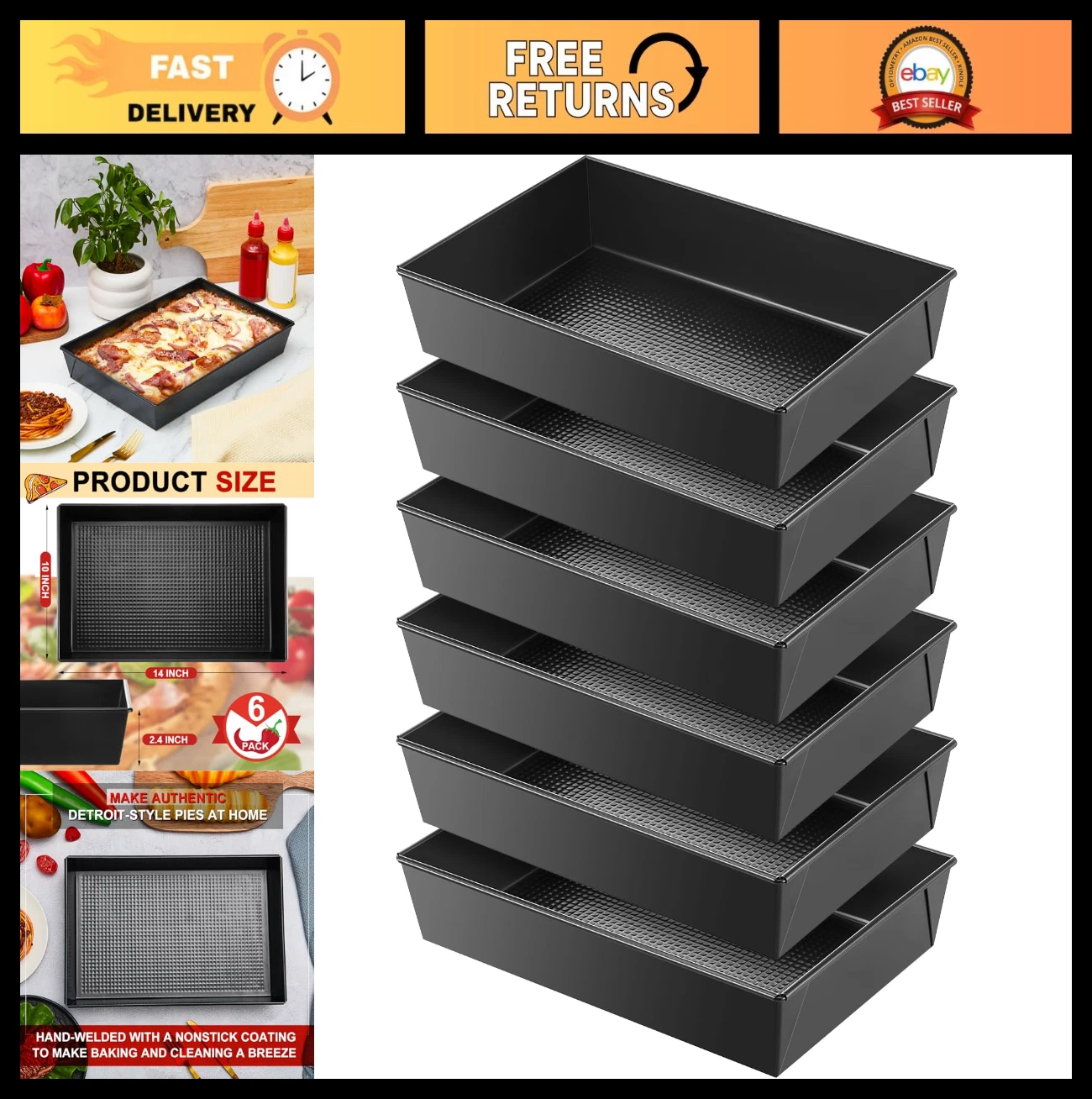 6 Pcs Non-Stick Detroit Style Pizza Pan Set - 10"x14" Deep Carbon Steel Bakeware