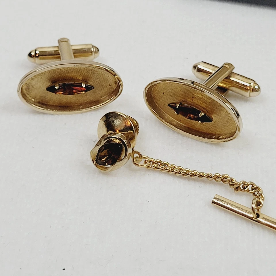 Vintage Shields Mens Cufflinks Tie Pin Set Gold Tone Oval Rhinestone Carlton Box - Image 2 of 4