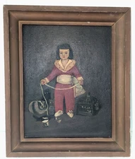 Antique Primitive Naive Folk Art Painting on Board Portrait Girl & Cats Kittens