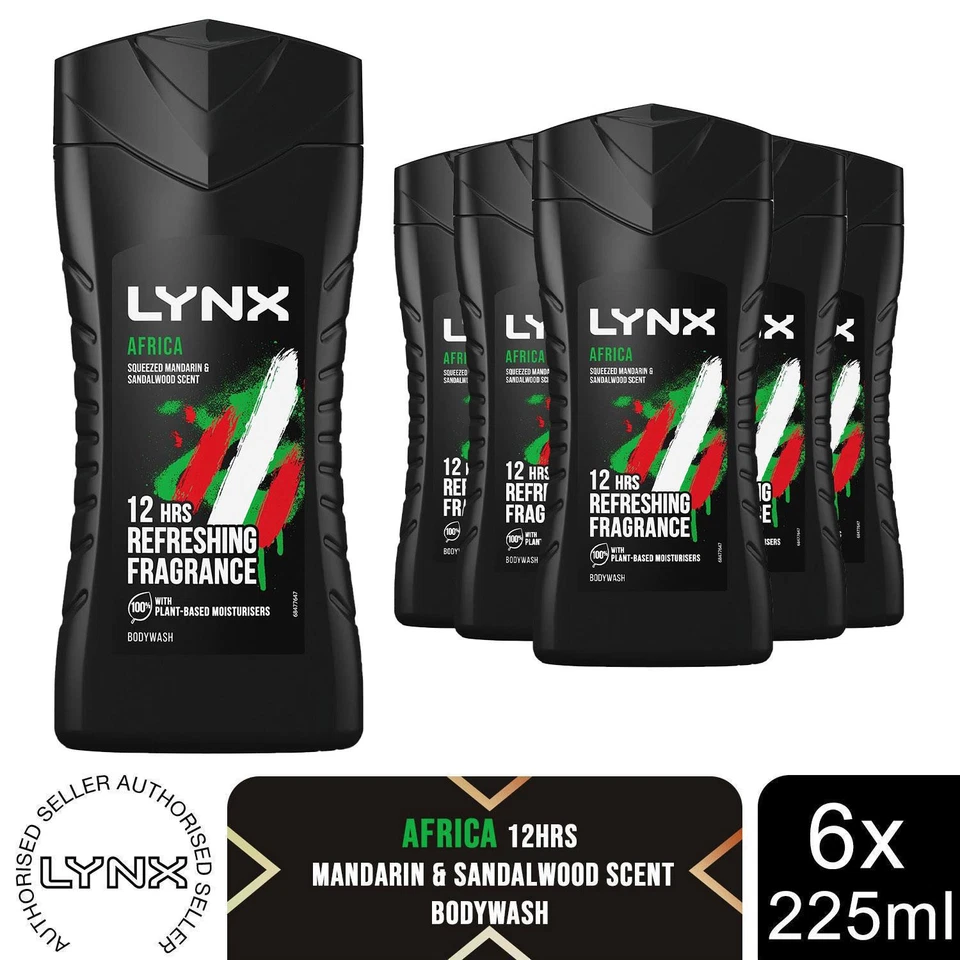 Lynx Africa 12-H Refreshing Fragrance Shower Gel Body Wash for Men, 6x225ml