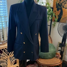 Vintage Austin Reed London NY Navy Blue Double Breasted Wool Blazer Jacket