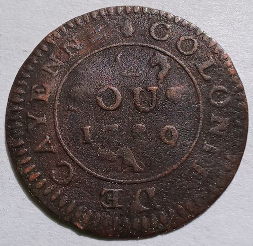 1789-A French Guiana Colonie de Cayenne 2 Sous Louis XVI Colonial Coin VG Detail
