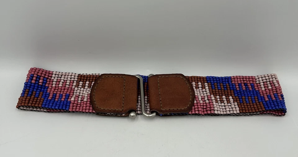 Cinturón elástico con cuentas fósiles con cuero genuino multicolor Y2K Foto 2 de 4