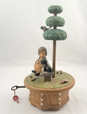 Vintage Wood ANRI THORENS Swiss Movement Music Box Plays GIGI Girl Dog