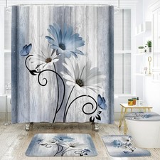 4pcs Daisy Shower Curtain Set   Blue Floral, 71"x71", Lightweight Rugs, Toile...