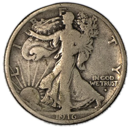 1916-D Walking Liberty Silver Half Dollar Very Good VG/F+