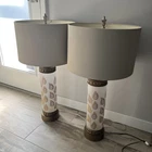 Vintage Pair Table Lamp Off-White Milk Glass And Metal 1950’s