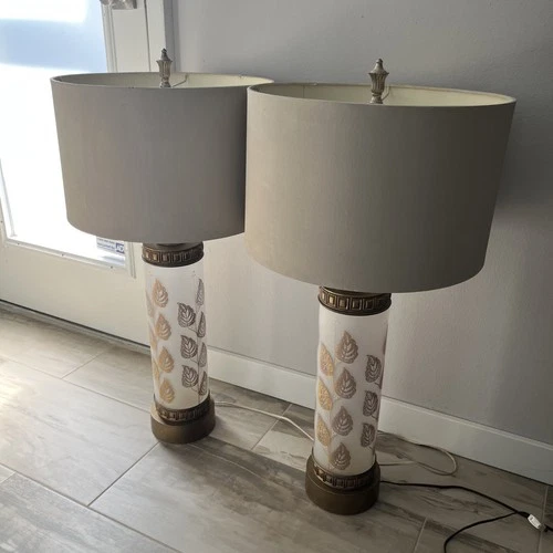 Vintage Pair Table Lamp Off-White Milk Glass And Metal 1950’s