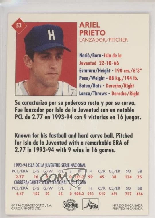 1994 Cuban League Ariel Prieto #53 - Image 2 of 2