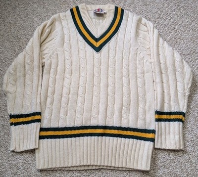 Gray-Nicolls Sweater Mens Large White Cricket Cable Knit V Neck Pullover VTG