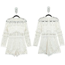 Alexis Women M Danika Romper Cream White Pom Pom Lace Long Sleeve Cut Out