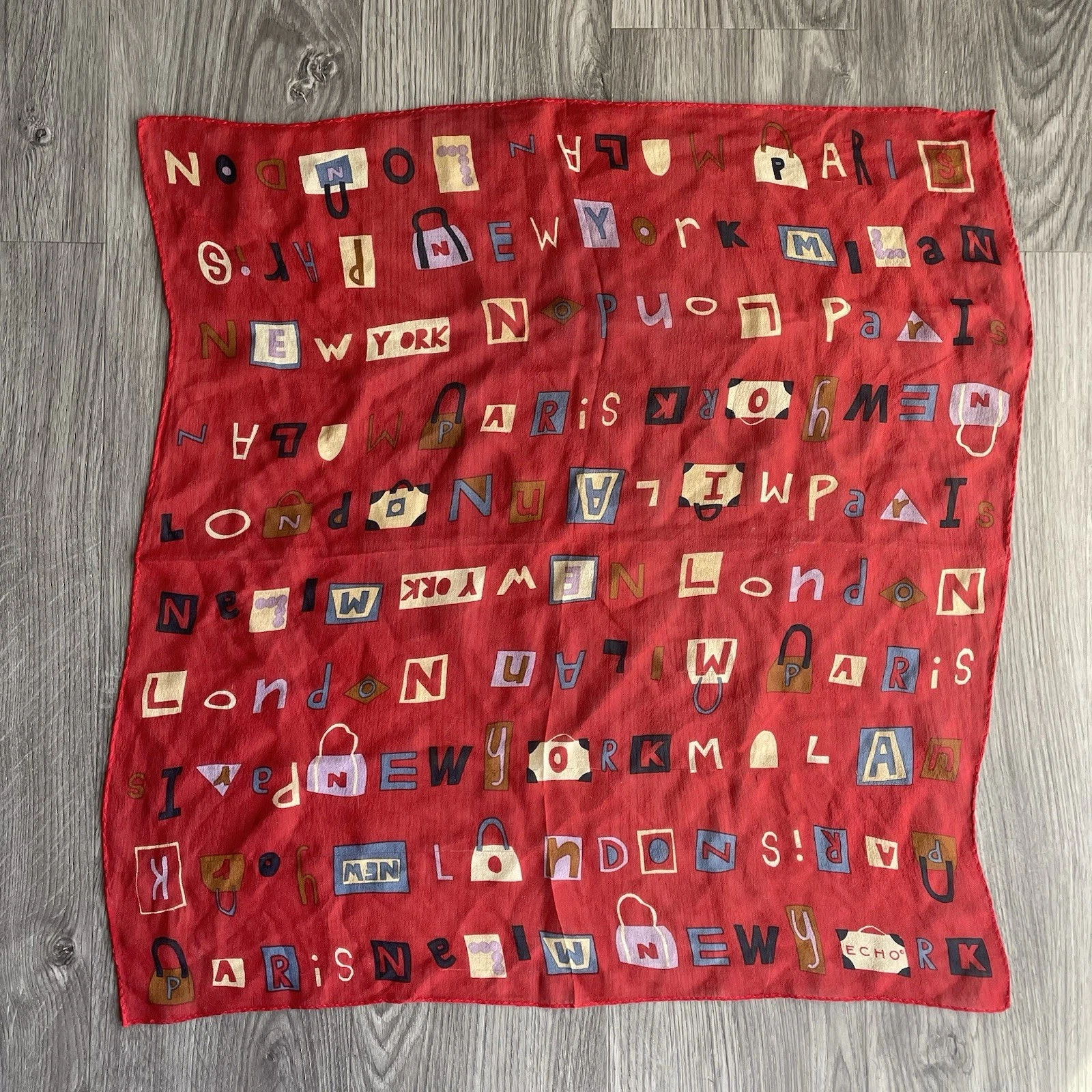 Vintage Echo 100% Silk Geometric Abstract NY London Paris Milan 20 x 21 Scarf