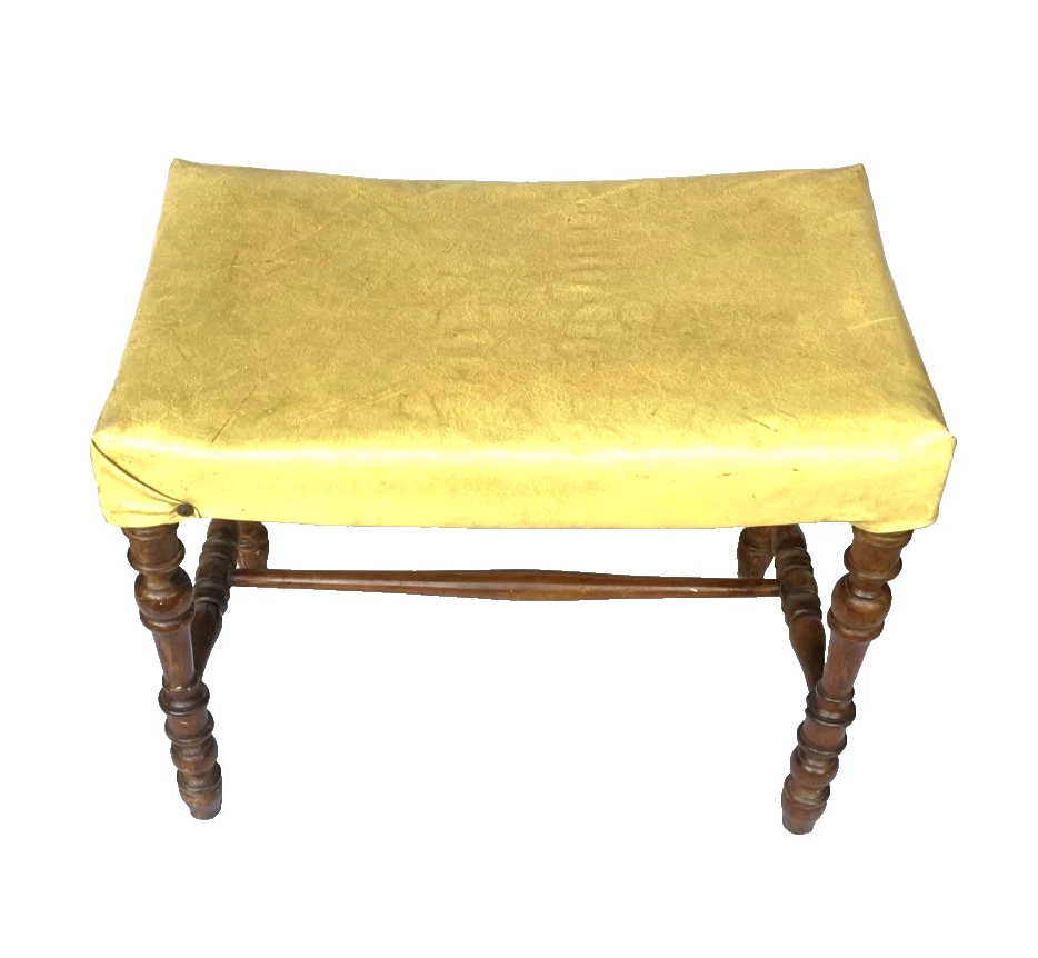 Antiguo banco de tocador taburete de madera tallada ornamentada tapizado de principios de 1900 Foto 3 de 4