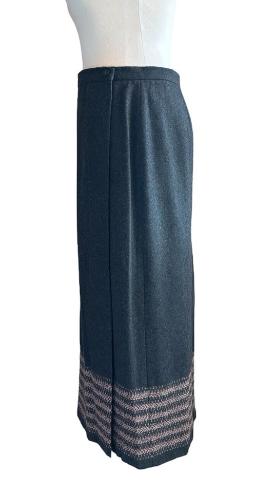 Petite Sophisticate 8P Wool Gray Pink Border Accent Wrap Lined Midi Pencil Skirt - Image 2 of 4