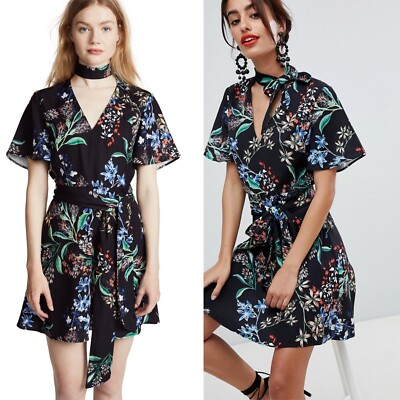 #ad Stylestalker Womens Avalon Floral Print A Line mini Dress Black Large L NWT NEW $34.97