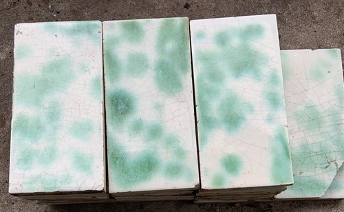 28 Pc Antique Fireplace Mantle TILE 6X3” Palomino Green w Alhambra Logo/ Mark