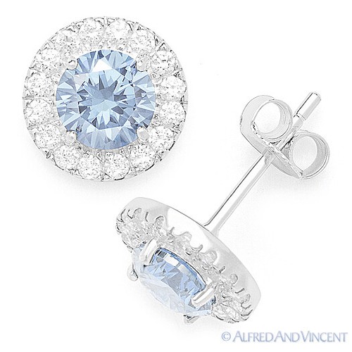 Pendientes redondos simulados de plata esterlina 925 de zirconia cúbica de halo de aguamarina - Imagen 5 de 5