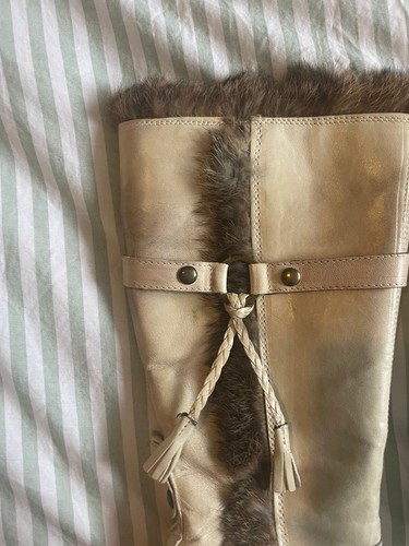 MANAS Cream Long Wedge boots made in Italy real leather fur trim new in box - Picture 3 of 9