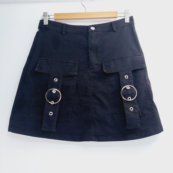 Dangerfield Mini Skirt Womens Size 10 Black Cheeky Utility Cargo Buckle Rings
