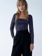 NWT Zara -Navy Blue Tulle Ruched Bodysuit Sz. Small Square Neck Mesh