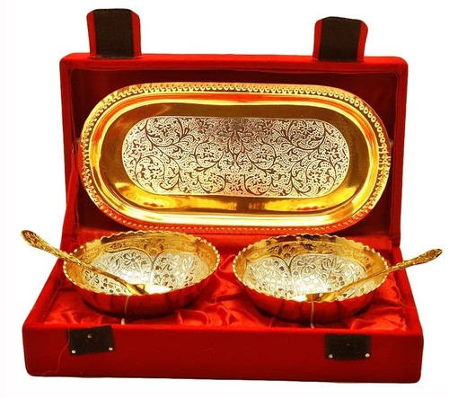 Gold and Silver Plated Metal Bowl Tray Wedding Return And Diwali Gifts US - Picture 3 of 3