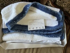 Hand Knitted Blue & White Baby Blanket Cozy Lap Blanket 35" x 35"