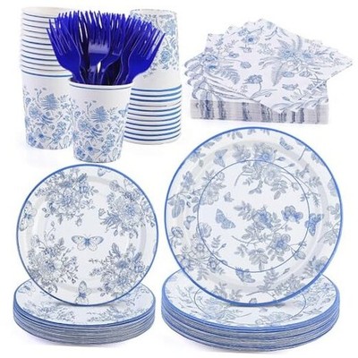 144 Pieces Blue and White Flower Disposable Tableware Set 9 Inch 7 Blue Flower