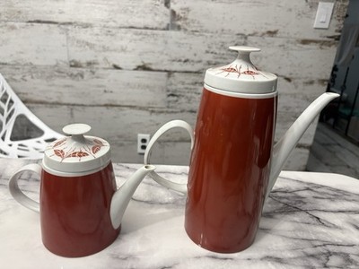 Vintage Lichte Germany Coffee Tea Pot Red White Geometric Set Of 2 RARE