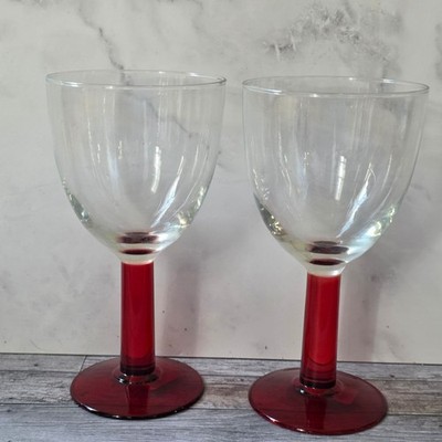 Ruby Red Stem Wine Glasses Dania  7 ''Pair Clear Bowl Elegant Design New