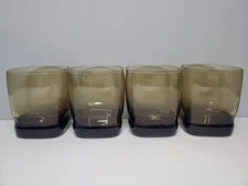 4 Vtg Libby Carrington Square Brown Smoke Lowball Double Rocks Glasses Excellent