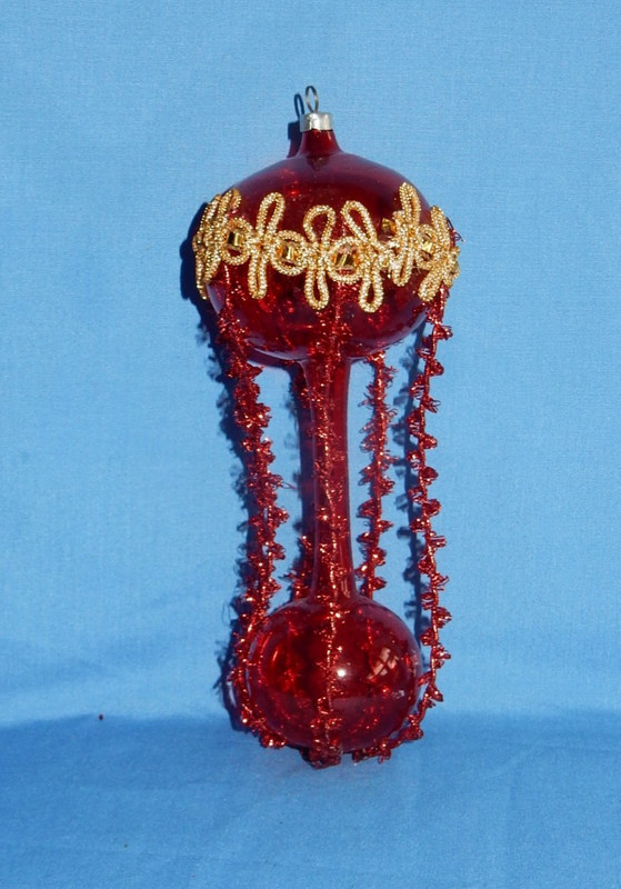Vintage West Germany Red Glass Double Ball w Red & Gold Trim Christmas Ornament