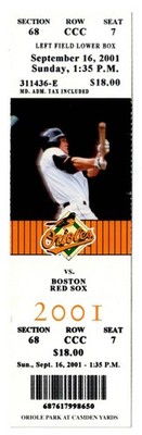 2001 ORIOLES vs BOSTON RED SOX season ticket CAL RIPKEN JR last