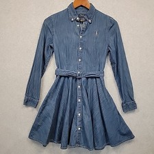 POLO RALPH LAUREN Belted Cotton Denim Shirt Dress Blue Girls Size 16 Flesh Pony