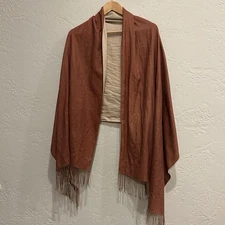 Reversible Fringe Ruana Wrap Shawl Cinnamon Brown Beige Two Tone Poncho Cape