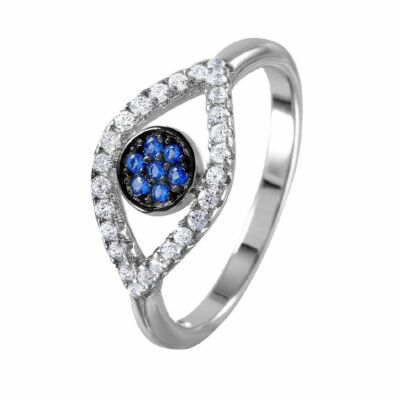 Damenring .925 Silber rhodiniert offen Evil Eye mit blauen Mittelsteinen