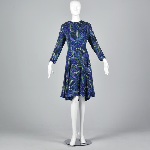 M 1960s Loose Wool Dress Simple Vintage Shift Perky Paisley Print Drop Waist VTG - Picture 6 of 12