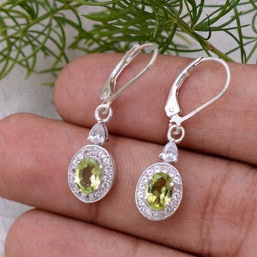 3.56Ct Oval Shape Natural Peridot & Diamond Dangle Earring 14K White Gold Plated - Picture 4 of 9