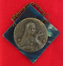 Vintage SAINT THERESE Medal Blue Mini Plaque Wall Hanging Religious Catholic