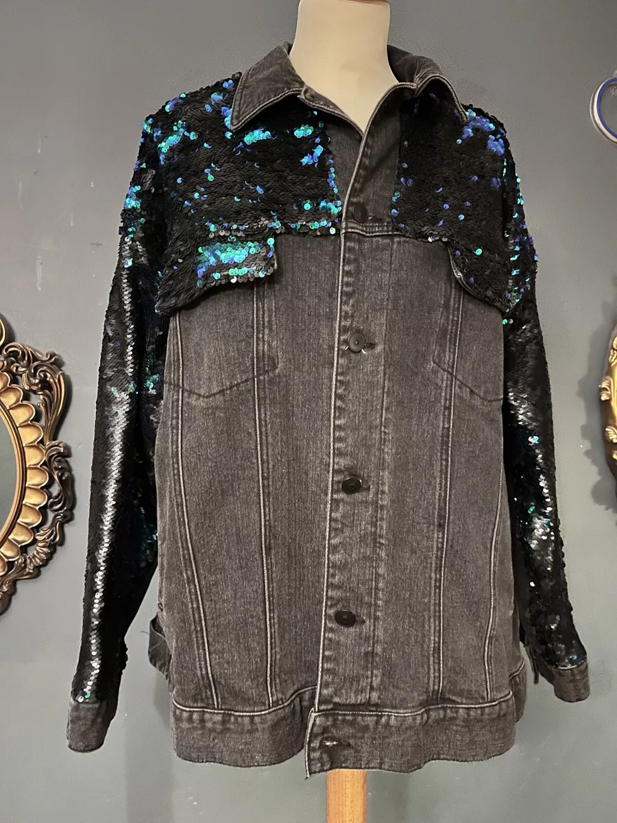 H M Reverse Sequin Denim Jacket Black Green Oversized UK 12 eBay