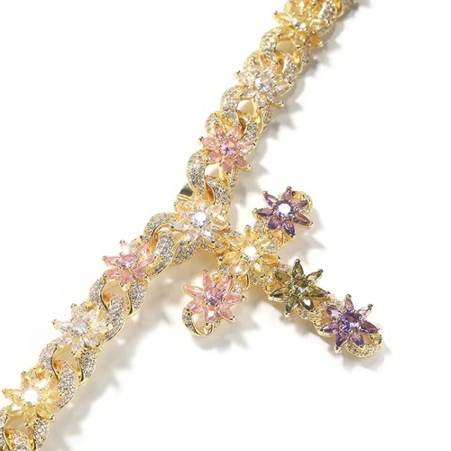 Colorful Flower Cuban Chain Full Paved Iced Out Bling Cubic Zirconia Cross Charm - Picture 9 of 13