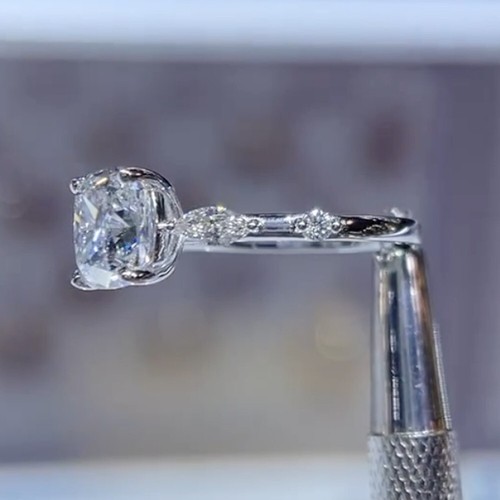 1.46 Ct Cushion & Marquise Cut Moissanite Engagement Ring 14k White Gold Plated - Picture 3 of 10