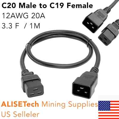 C20 M to C19 F Heavy Duty Power Extension Cord 3.3 ft 12 AWG 20A