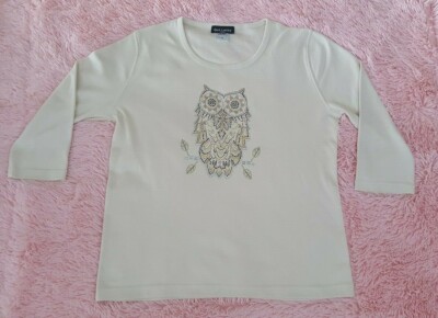 OWL Medium Rhinestone cream colored 3/4 sleeve women's shirt top Get Lucky U.S.A