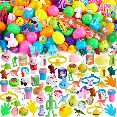 200 Pcs Prefilled Easter Eggs with Toys & Stickers Assorted for Kids Boys Girls