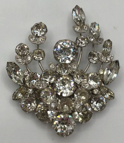 Vtg 1950s EISENBERG Clear Rhinestone Floral Cluster Silver Tone Brooch Pin