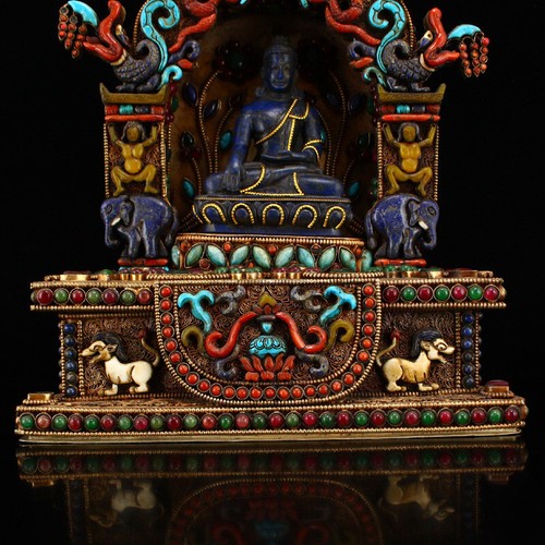 Tibetan Buddhism Lapis Lazuli Sakyamuni Buddha Statue With Silver Wire Inlay Gem - Picture 7 of 16
