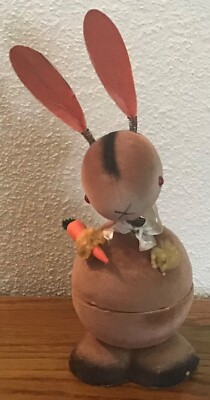 VTG 1950S WEST GERMANY EASTER CANDY CONTAINER Spring Eared FLOCKED BUNNY 8 