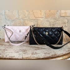 Tory Burch Willa Zip Shoulder Quilted Handbag Leather Authentic Black/ Soft pInk